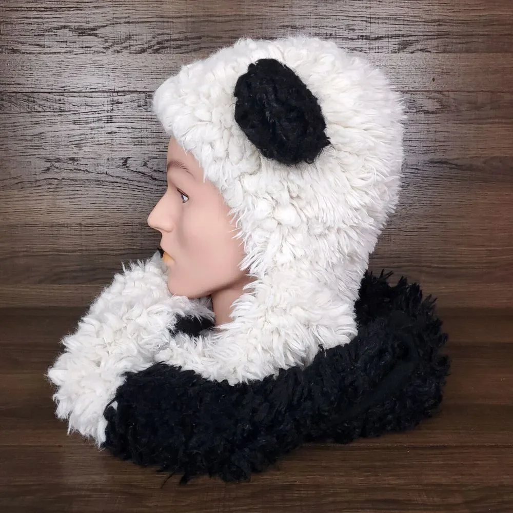 Panda Bear Plush Fur Cowl‎ Hooded Infinity Scarf Snood 3D Ears Black White New